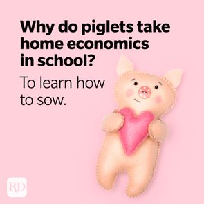 Stuffed piglet holds heart. Text: 
