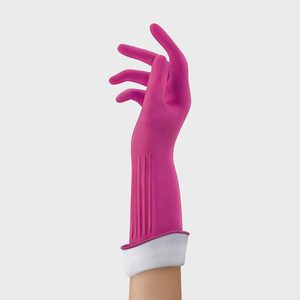 Pink rubber glove worn on a raised hand, fingers slightly curled, against a plain, light gray background.