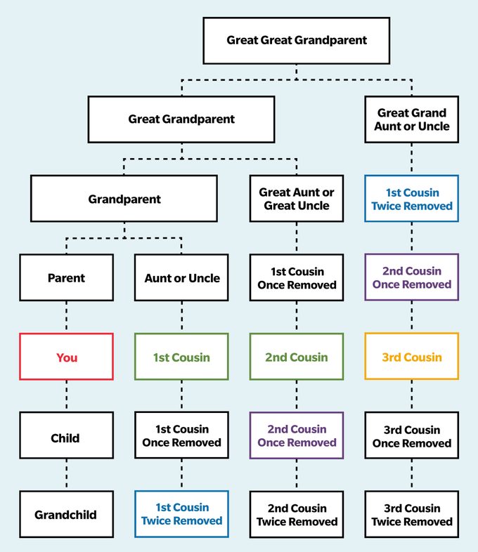 Family Tree Chart Showing Cousins Once and Twice Removed