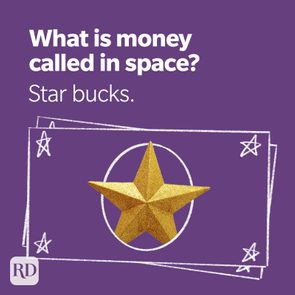 Text appears: â€œWhat is money called in space? Star bucks.â€ Image depicts star and stylized currency on purple background.