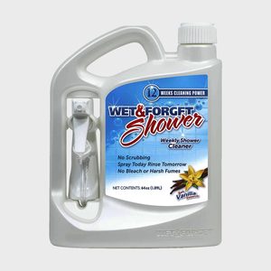 A shower cleaner bottle designed for spray application, labeled 