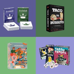Four card games displayed: Scrimish, Taco vs Burrito, Monikers, Trash Pandas; each in colorful boxes with game components shown.