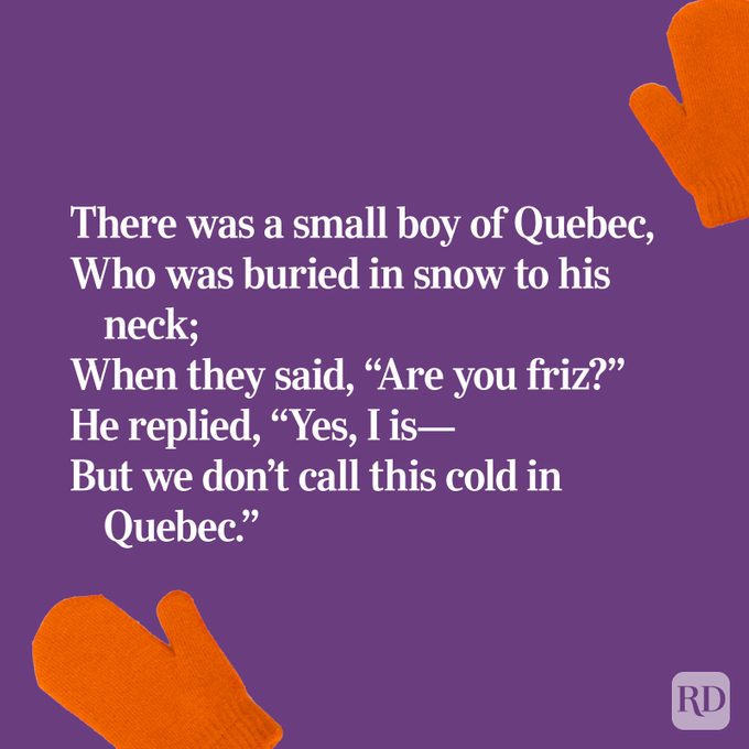 Limerick on a purple background with orange mittens