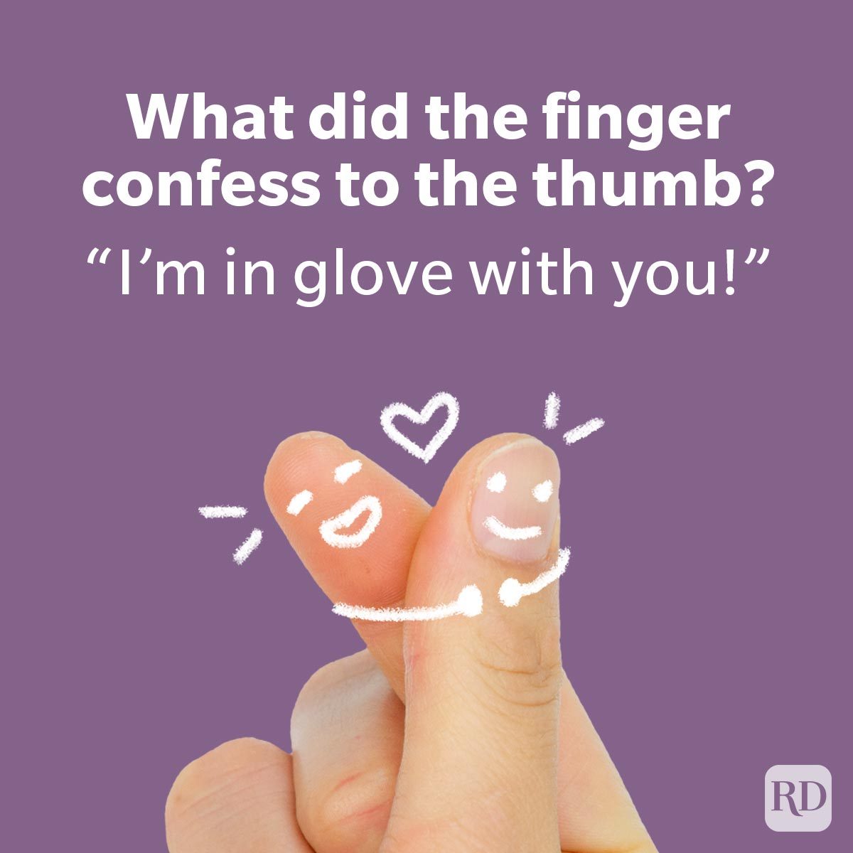 Two fingers are personified with faces and a heart, embracing against a purple background. Text: "What did the finger confess to the thumb? 'Iâ€™m in glove with you!'"