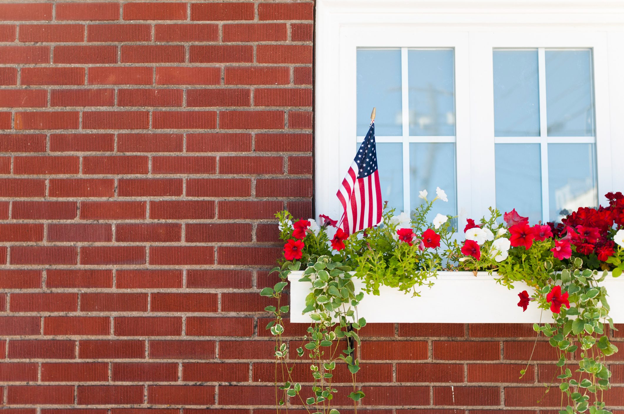 A small American flag stands in a flower box overflowing with vibrant red and white flowers, beneath a window on a red brick wall.
