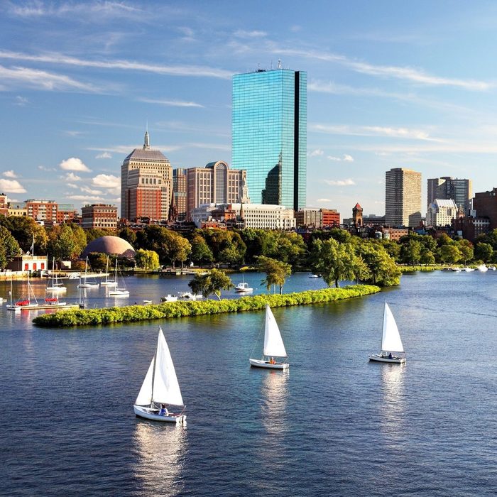 Sailboats glide on a river with a city skyline and lush greenery in the background.