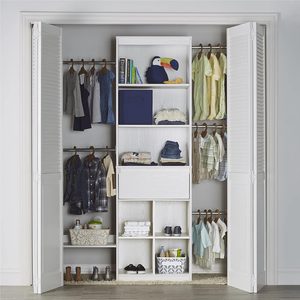 Closet displays neatly organized children's clothes, shoes, and toys on shelves and hangers within a well-lit room, doors open revealing the full arrangement.