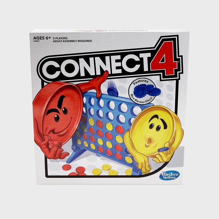 Connect Four game box showing two cartoon discs playing, featuring blue blocker disc, within a white background. Text: 