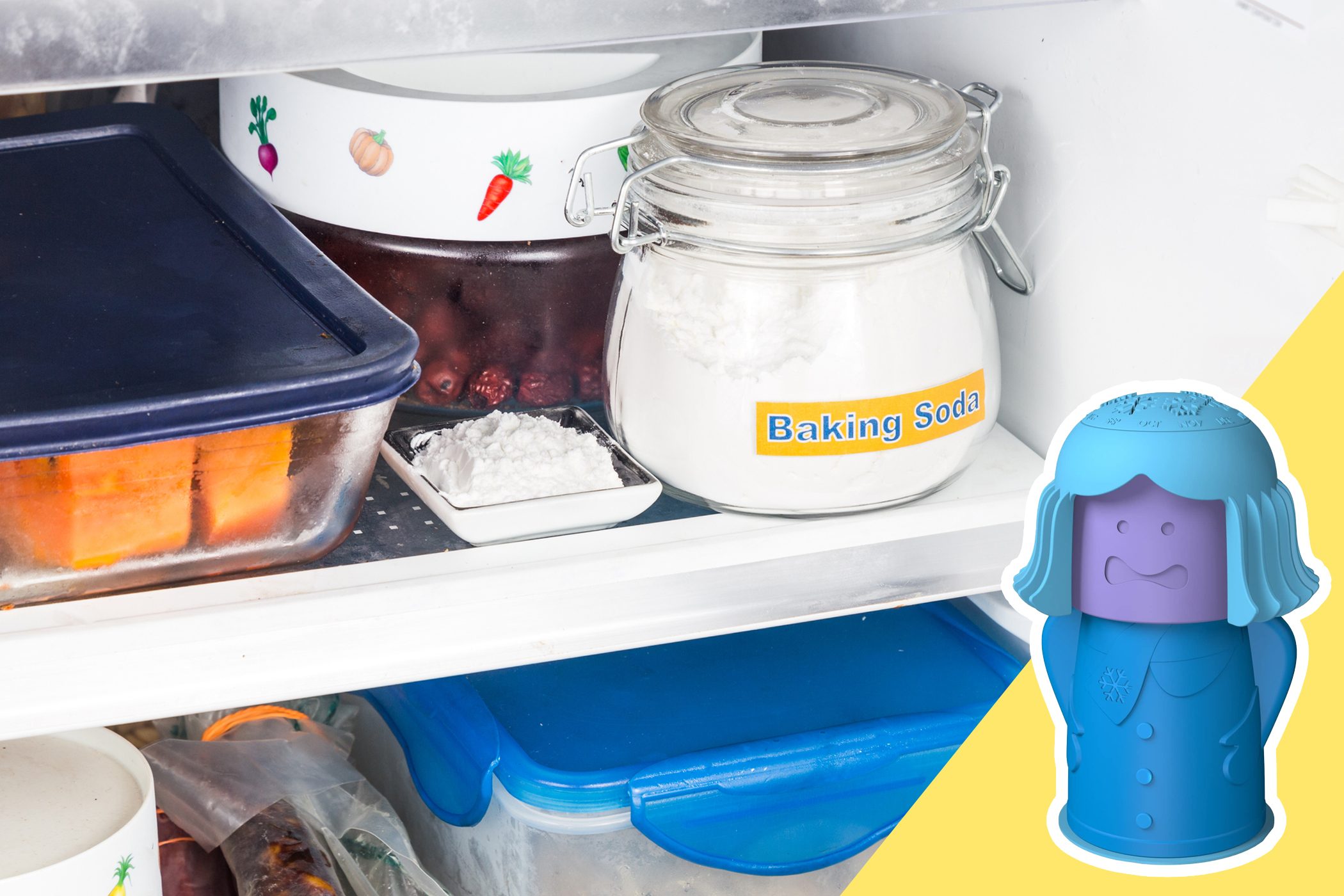Baking soda jar and containers sit in a refrigerator; beside them, an angry purple and blue top-opening figure with a blue background.