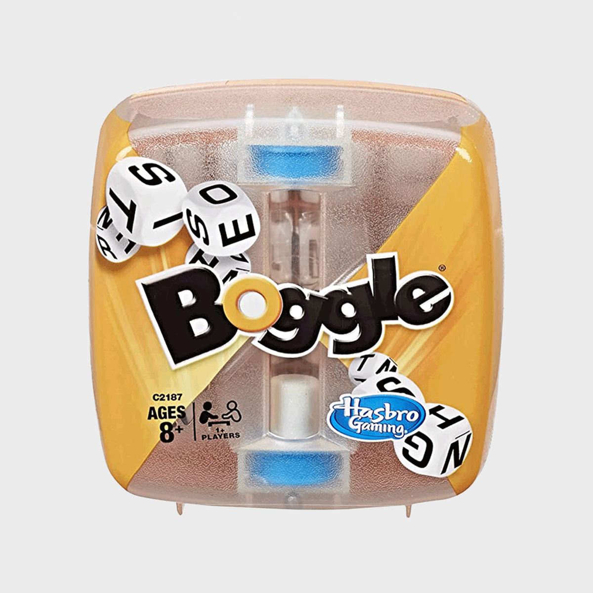 Boggle game box featuring scattered lettered dice, displayed for ages 8 and up, under the branding 