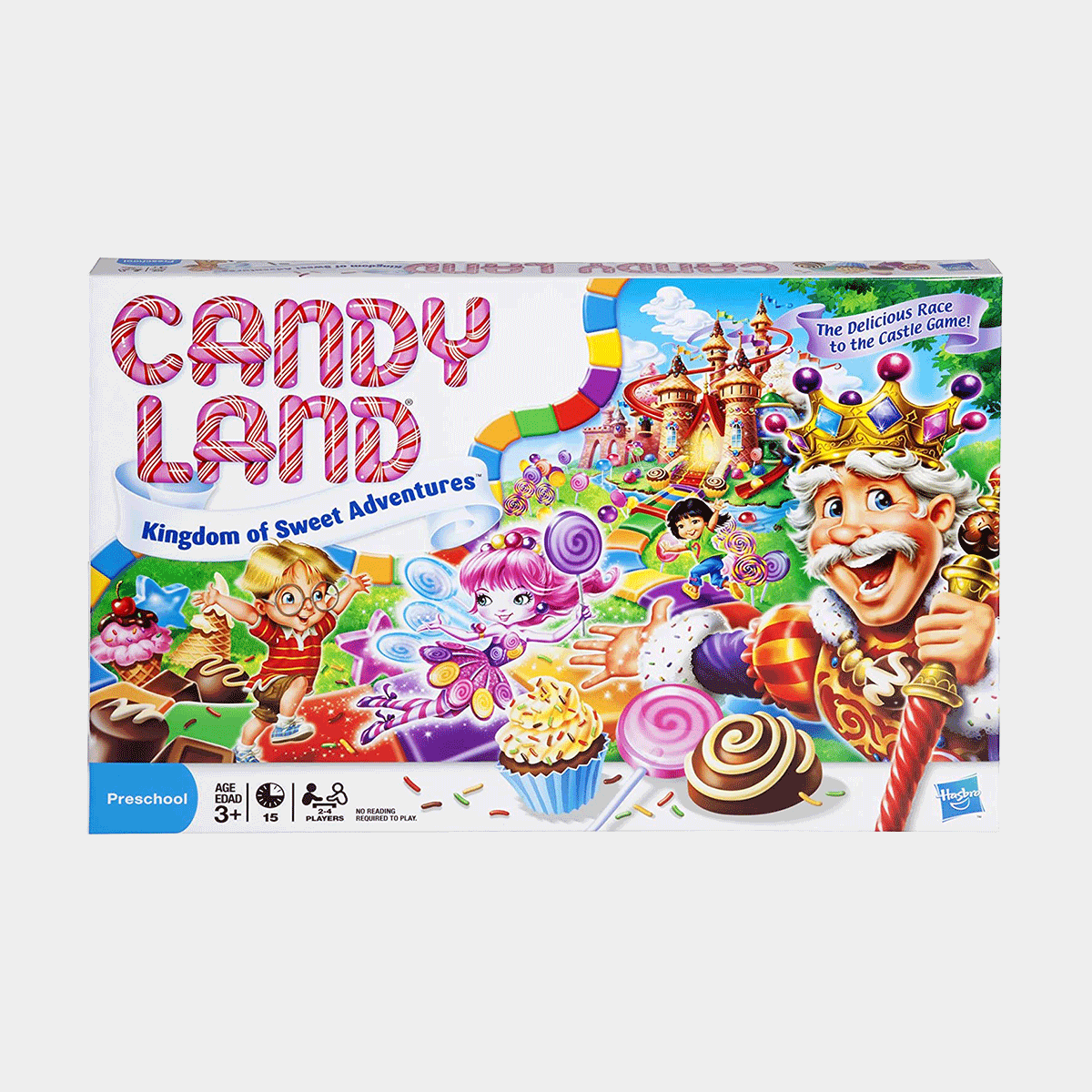 Board game box features candy-themed characters and landscapes; colorful path leads to a castle. Text: 