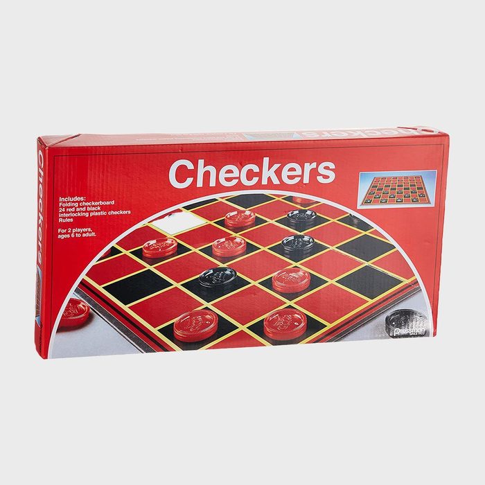 A checkers game box displays red-and-black pieces on a checkerboard, with text describing contents and age suitability, set against a white background.