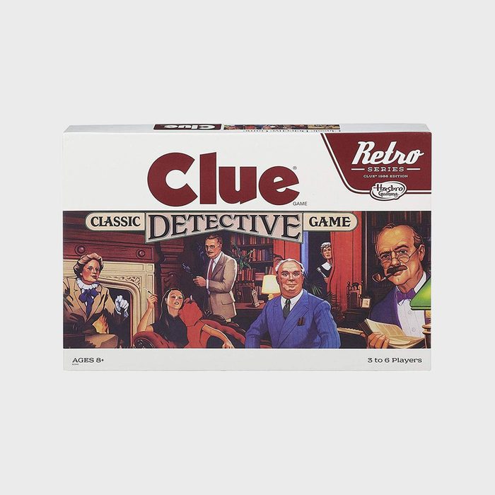 Board game box features vintage detective-themed artwork; people in elegant attire converse in a classic room. Text: 