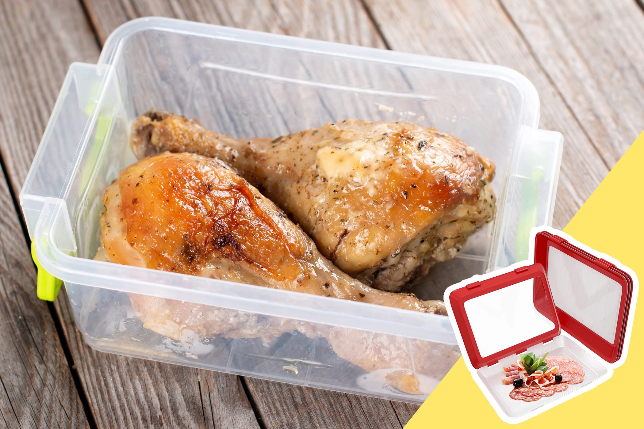 Cooked chicken legs inside a transparent plastic container resting on wooden surface; small inset image shows a different container with sliced meats.