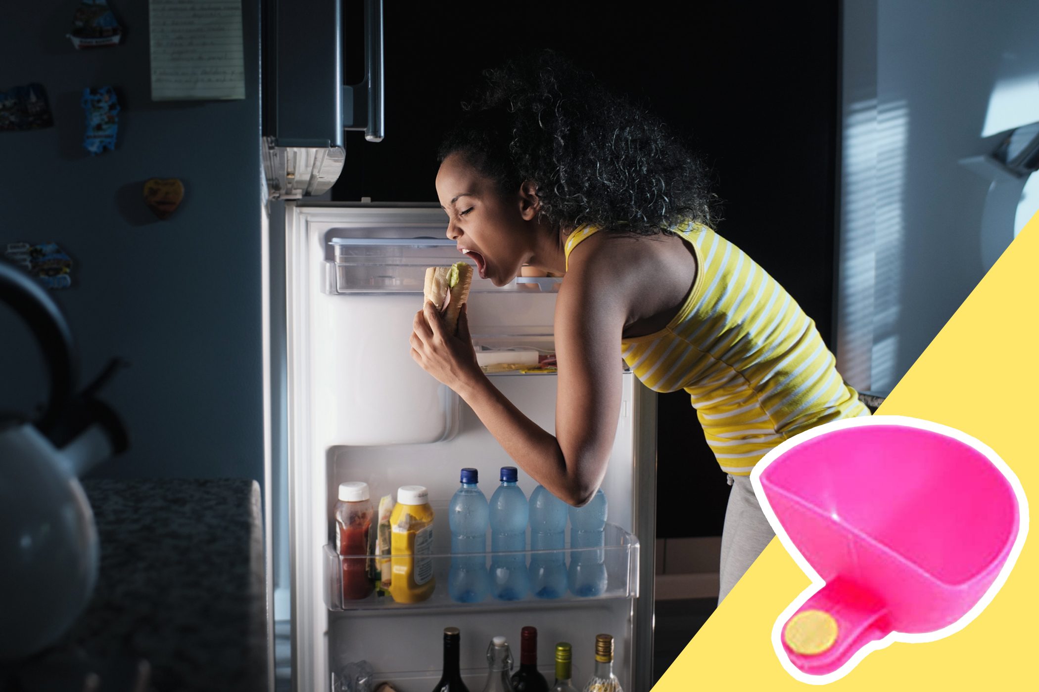 Person eats sandwich at open fridge; dark kitchen, bottles and condiments visible. Pink funnel-like object highlighted in foreground on yellow background.