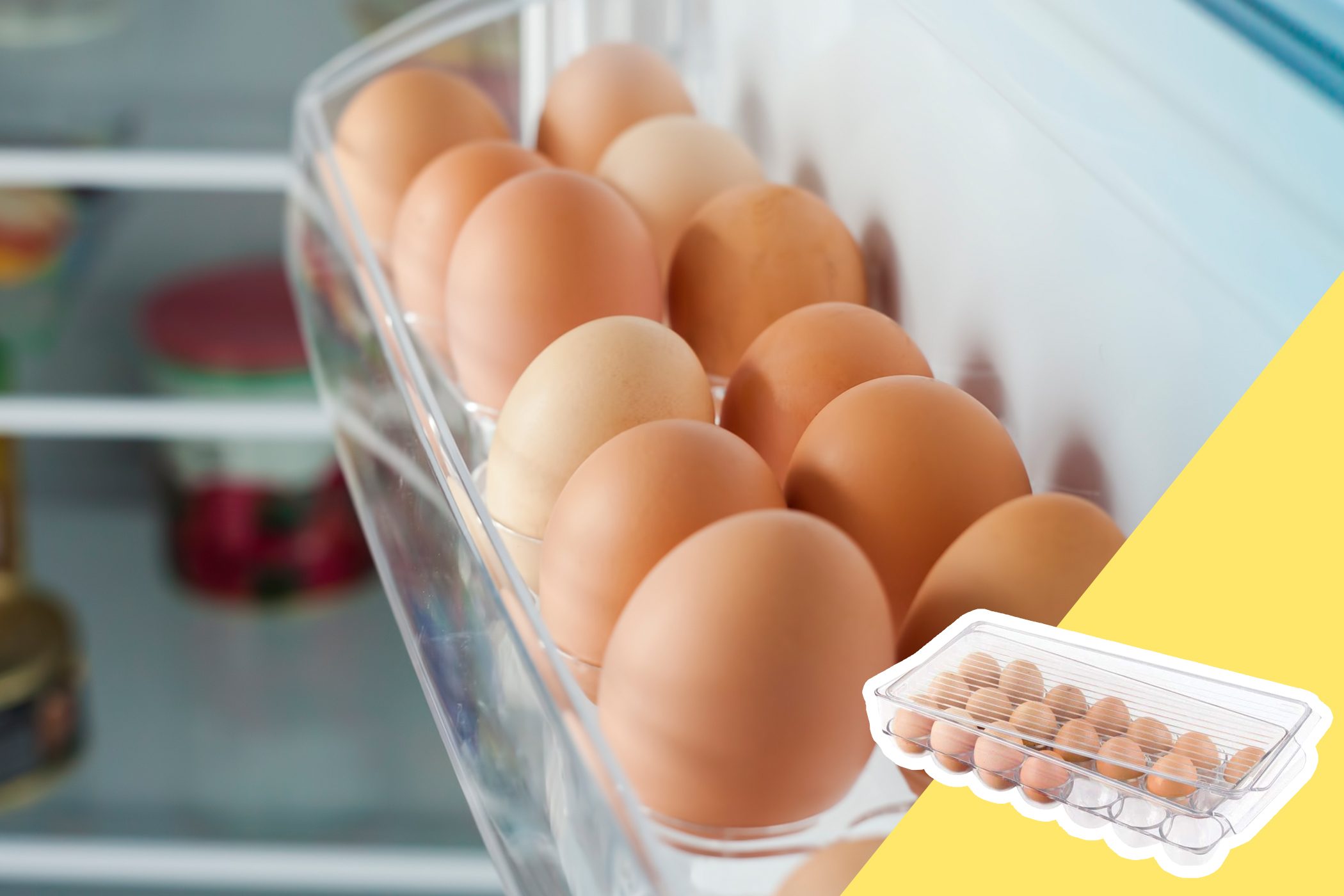 Eggs rest in a transparent holder inside a refrigerator, surrounded by jars. A clear plastic container is highlighted on a yellow background.