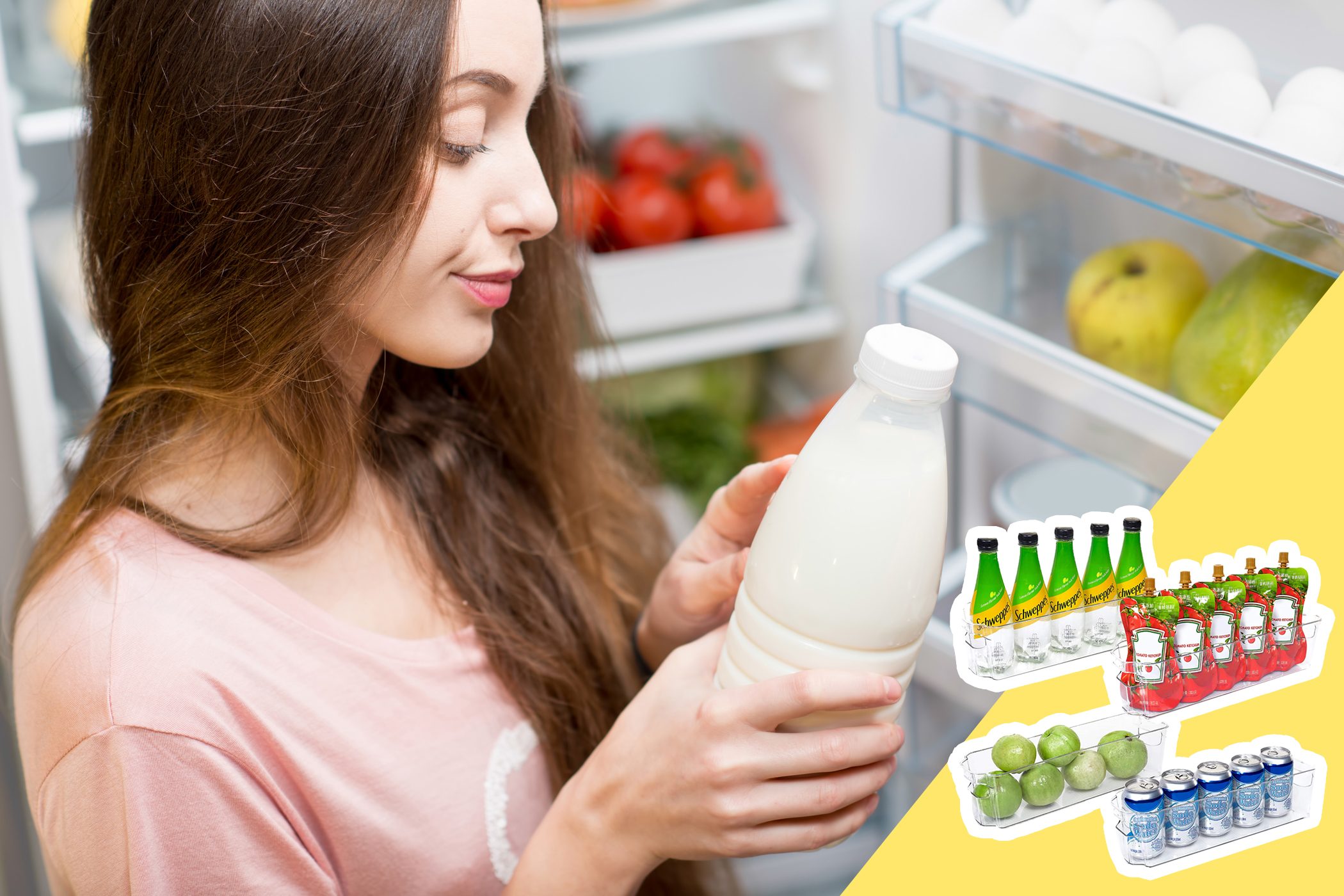 Woman holds milk bottle, standing by open fridge with eggs, fruits, and vegetables. Drinks and apples are highlighted on a yellow background.