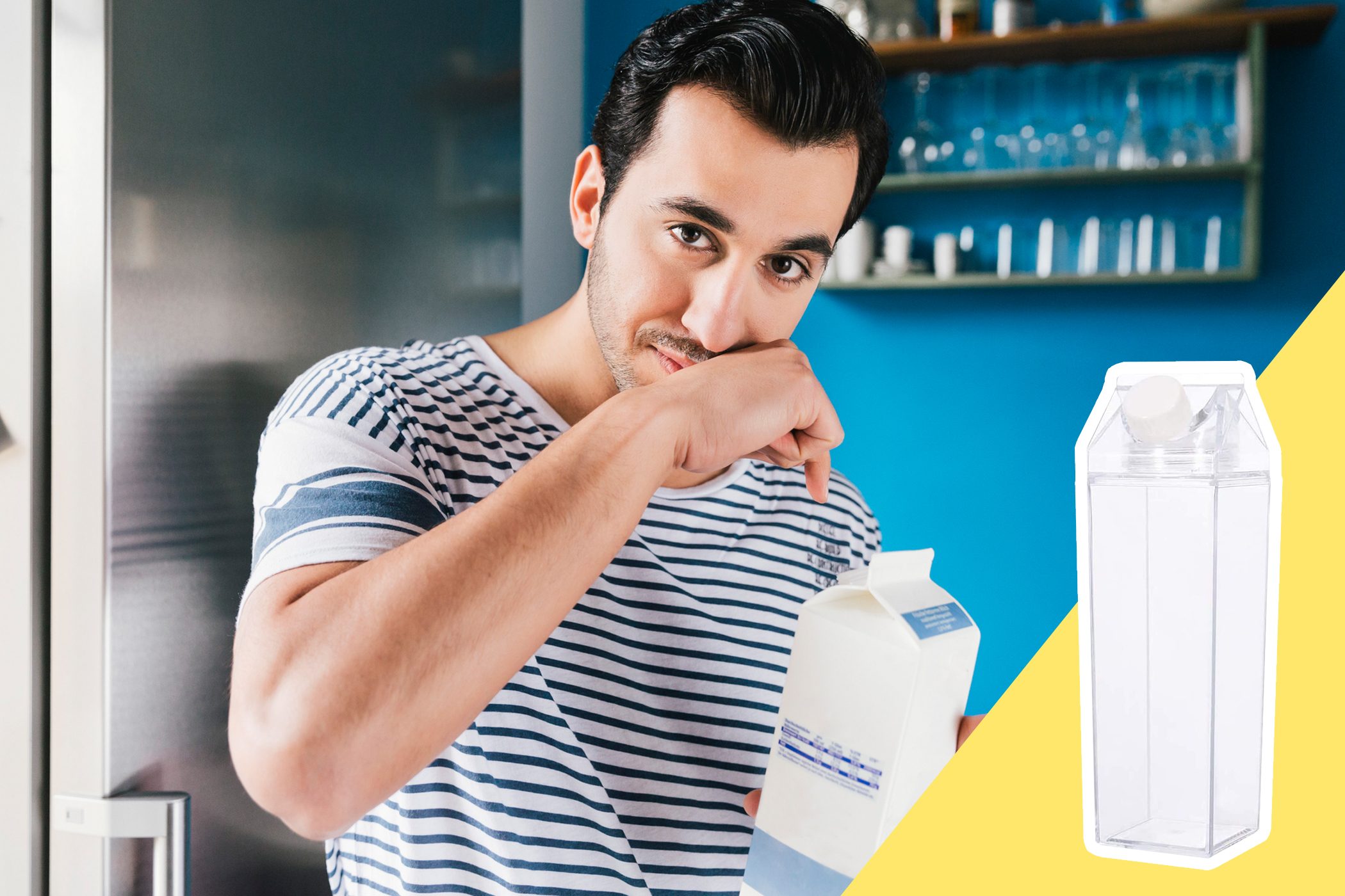 Man sniffs a milk carton in a kitchen with blue walls and shelves holding glassware. Another clear carton is pictured on a yellow background.