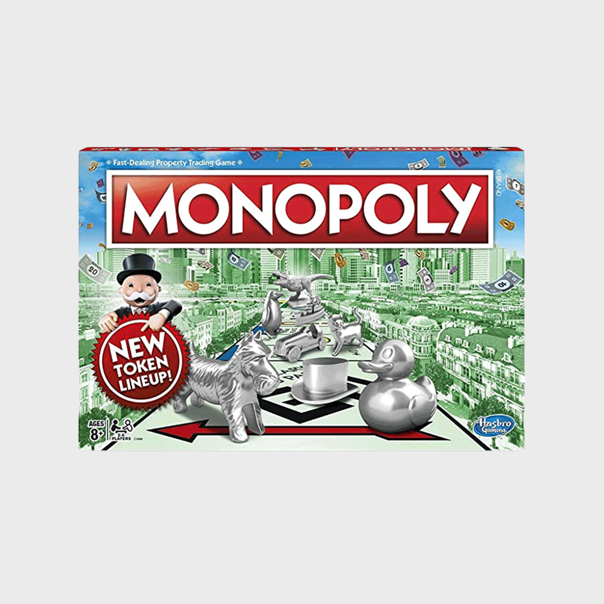 Monopoly tokens displayed on a city-themed game board with 