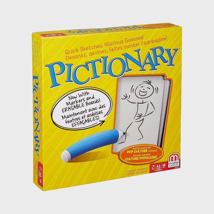 Pictionary box displaying a drawn stick figure, with a blue marker, on a yellow background. Text highlights erasable boards and pop culture category.