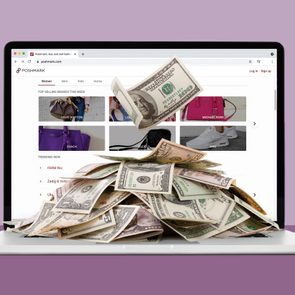 Dollar bills pile out of a laptop displaying the Poshmark website with fashion items in a minimalist, purple-toned setting.