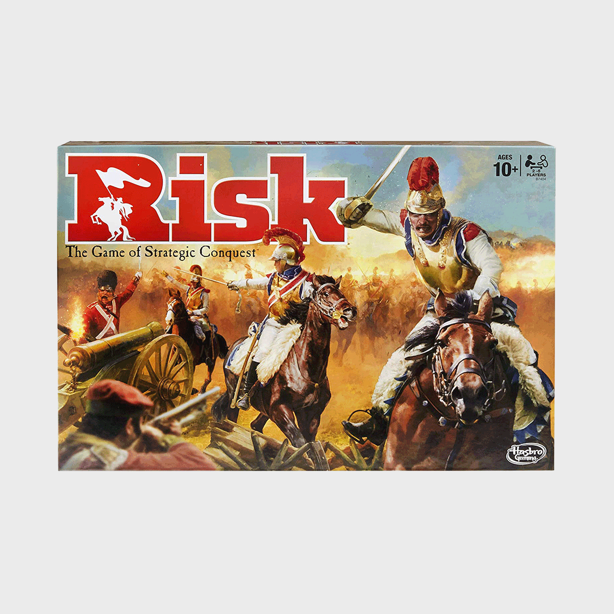 Board game box features soldiers on horseback charging during a smoky battle, with 