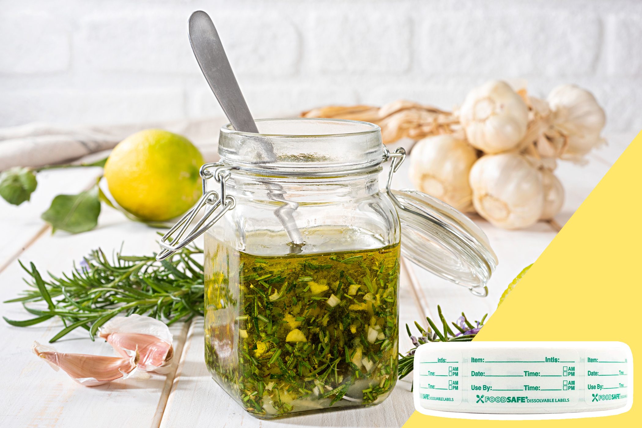 Glass jar holds herb-infused oil with spoon, surrounded by rosemary, garlic, and lemon on a wooden surface. Roll of "FoodSafe Dissolvable Labels" nearby.