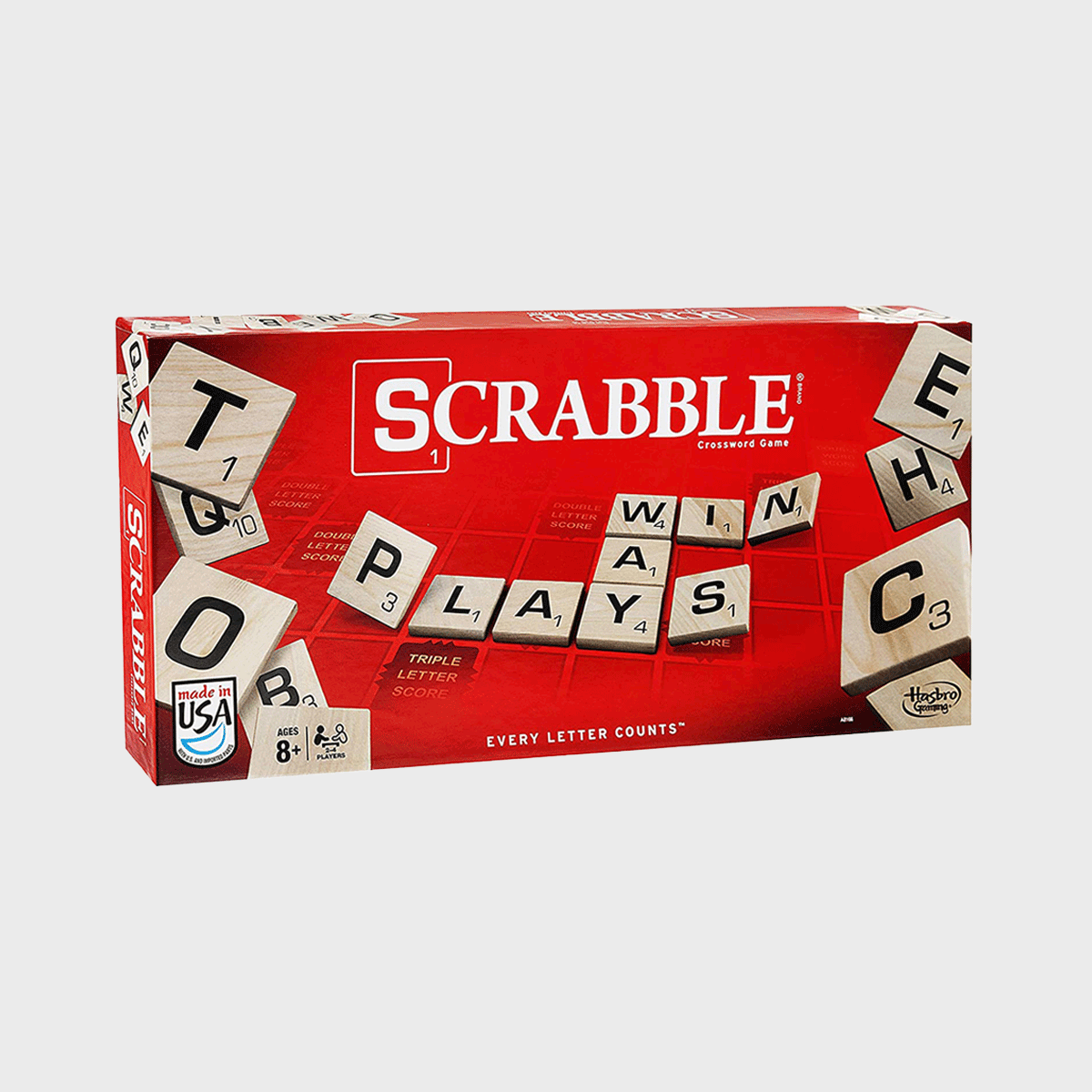 Scrabble box features floating letter tiles, red background, and phrases like 
