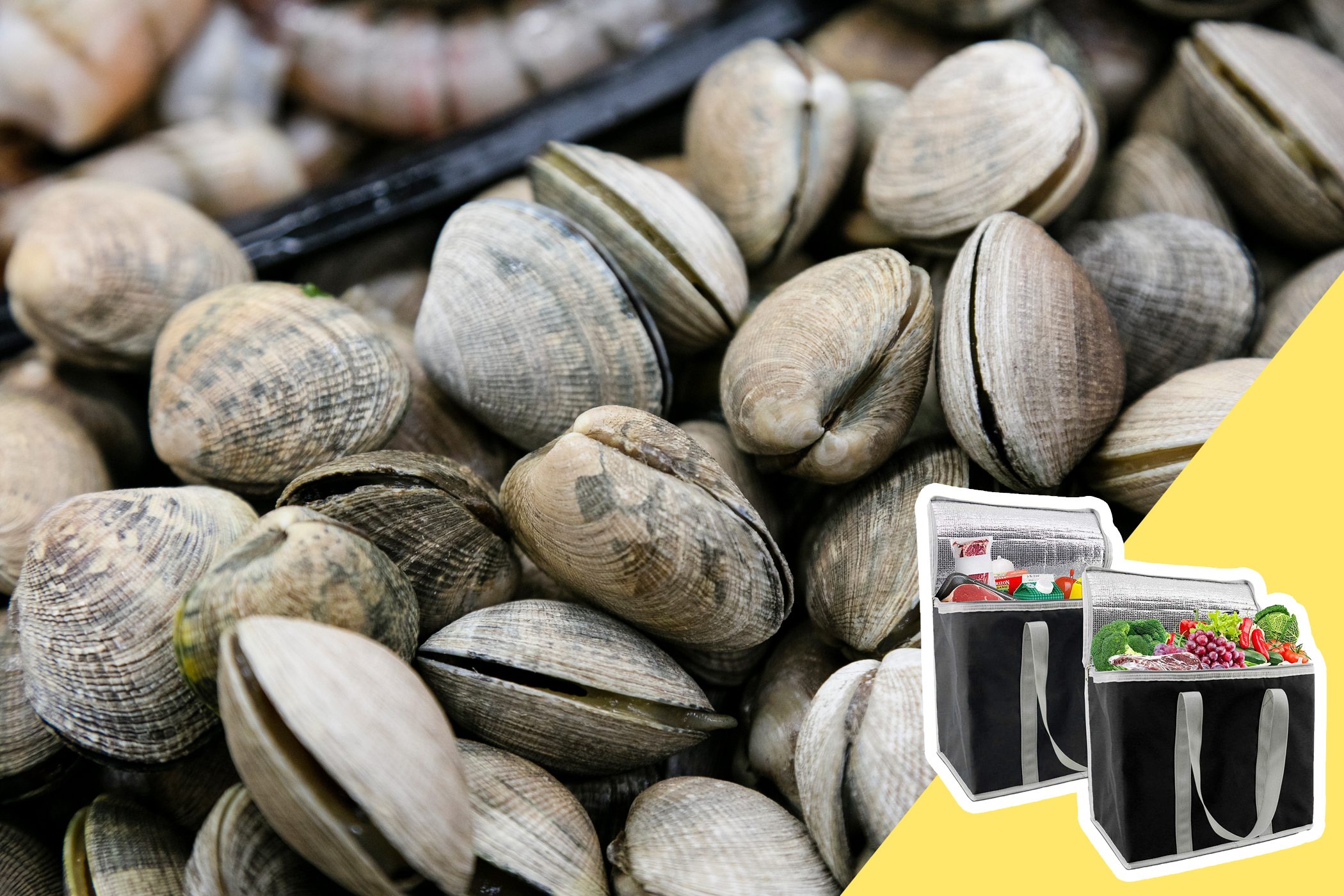 Clams are scattered closely, open slightly, on a tray. Two insulated bags, filled with groceries, are in the bottom right corner on a yellow background.