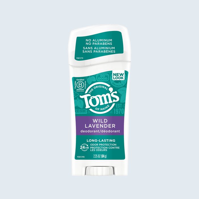 Deodorant stick labeled â€œTomâ€™s of Maine Wild Lavenderâ€ sits on a light gray background, emphasizing natural ingredients with â€œNo Aluminumâ€ and â€œLong-Lasting Odor Protection.â€