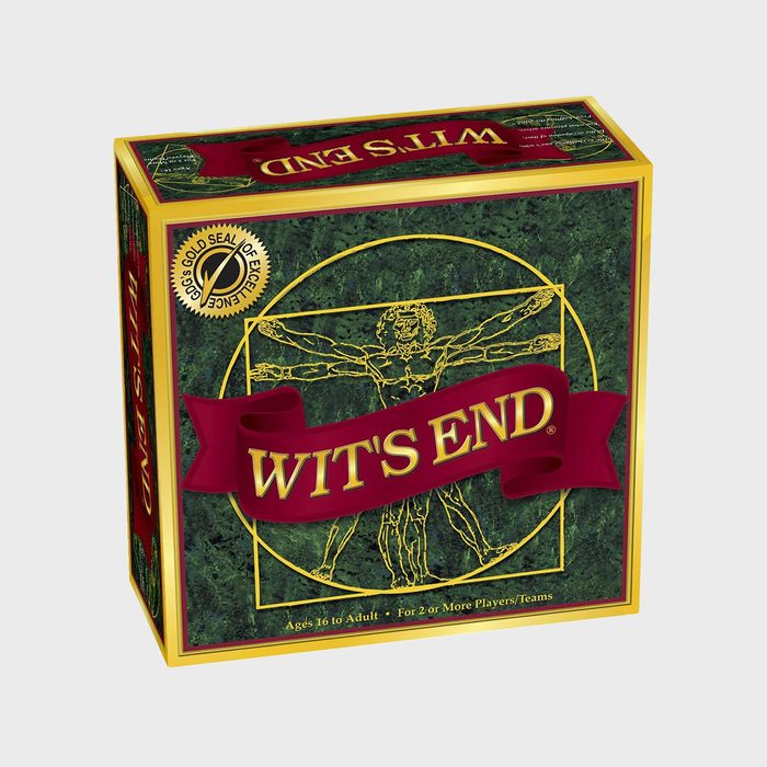 Box displays â€œWIT'S ENDâ€ in red on front, featuring a stylized Vitruvian Man surrounded by gold lines, set against a green background.