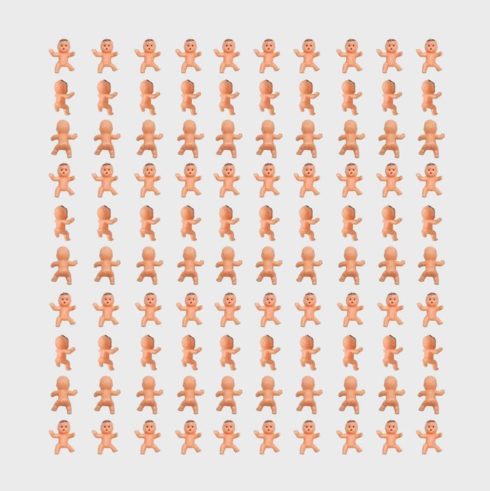 Plastic baby figurines arranged in a grid, alternating between front and side views, against a plain white background.