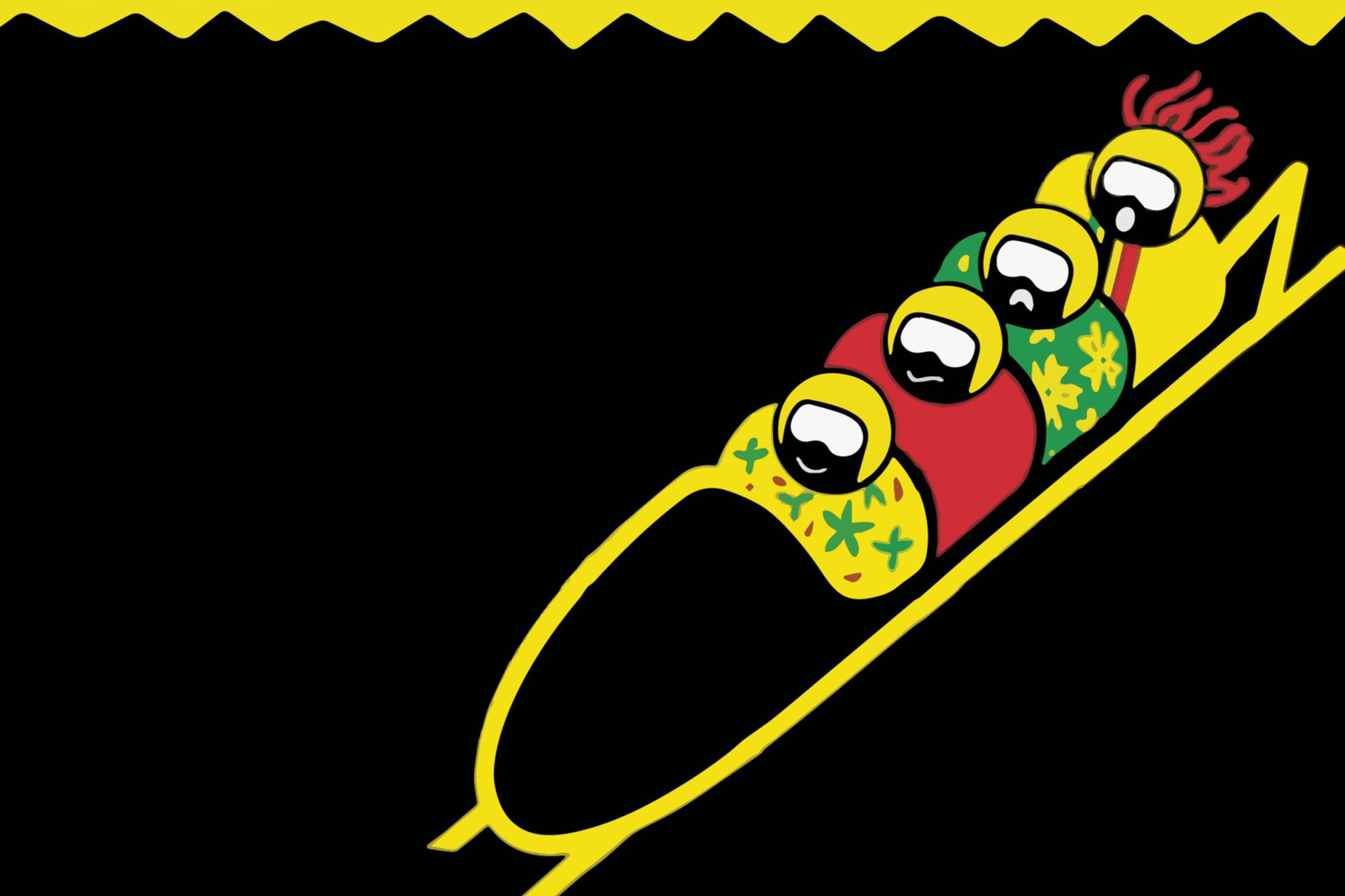 Four cartoon characters ride a bobsled downhill, wearing colorful winter gear, amidst a dark background.
