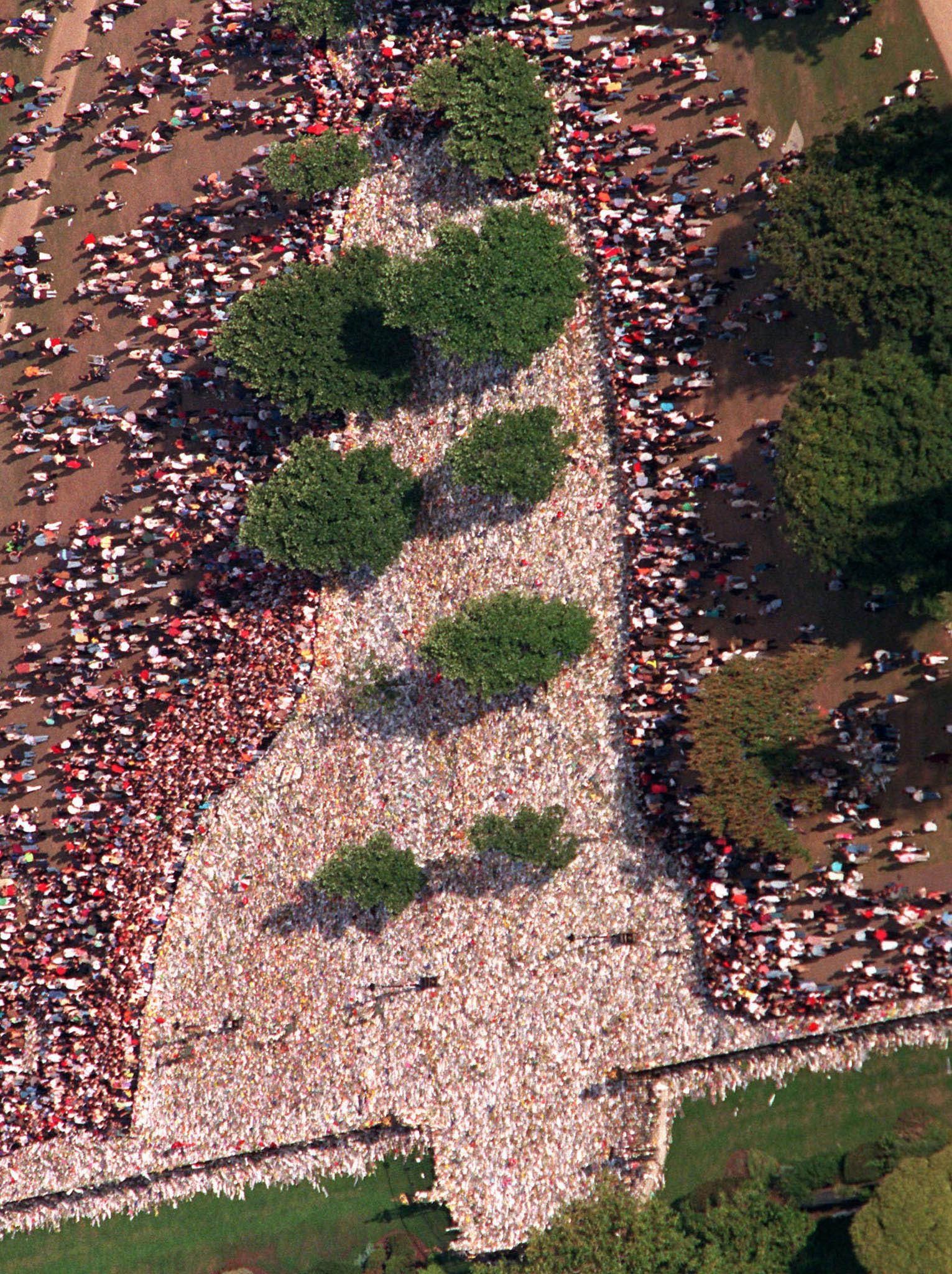 A massive crowd gathers densely in an outdoor area, with trees interspersed and bordered by more spectators on grassy terrain.