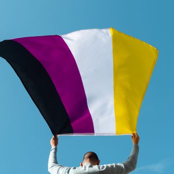 A person holds a flag with horizontal black, purple, white, yellow stripes, waving against a clear blue sky.