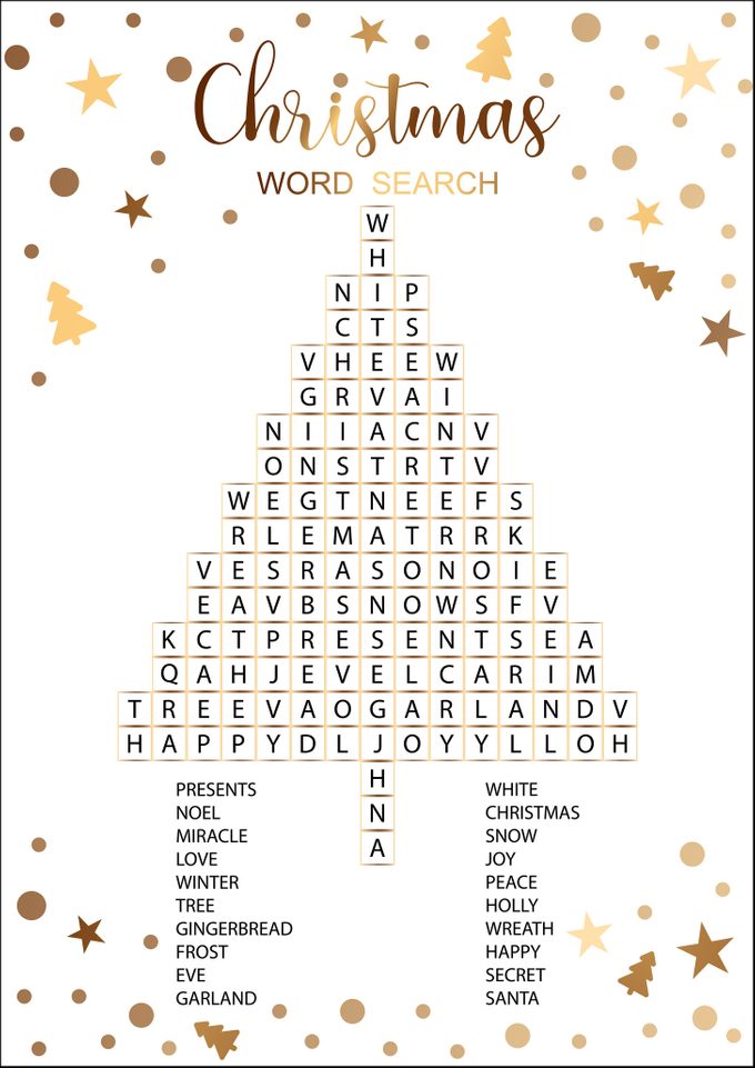 christmas word search puzzle in the shape of a tree