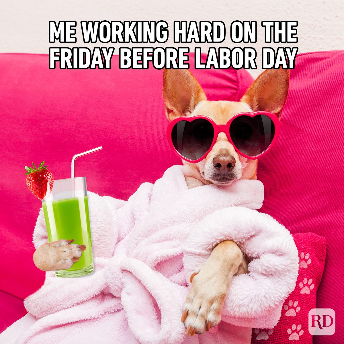 Dog relaxes wearing heart-shaped sunglasses, holding a green drink, wrapped in a robe on a pink couch. Text: "ME WORKING HARD ON THE FRIDAY BEFORE LABOR DAY."