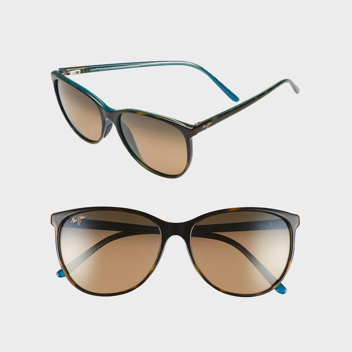 Sunglasses with tortoiseshell frames and brown lenses displayed against a plain background, showing front and side views. 