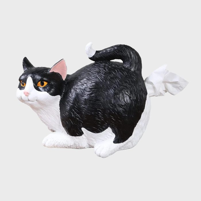 Cat-shaped tissue holder dispenses tissues from lifted tail in a playful, realistic style, set against a plain background.
