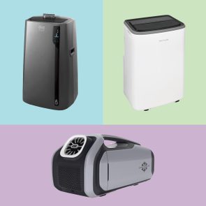 Three portable air conditioners are displayed. The first is gray, the second is white, and the third is compact with a futuristic design.