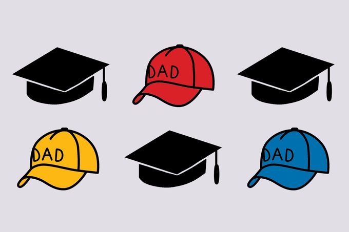 Three "Dad" baseball caps and three graduation caps
