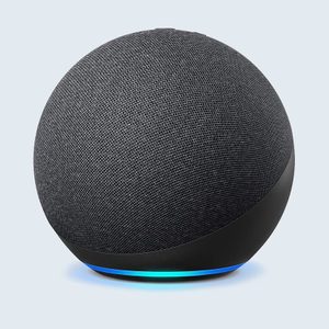 A spherical smart speaker emits a blue light at the base, set against a plain background.