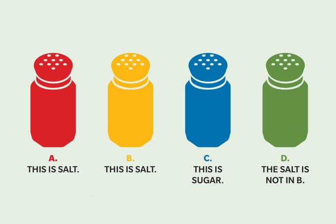 Four salt shakers of various colors, labeled "This is salt," "This is salt," "This is sugar," and "The salt is not in B"