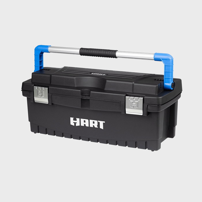 A black toolbox with a silver handle rests on a plain background. Silver latches secure the lid, and 