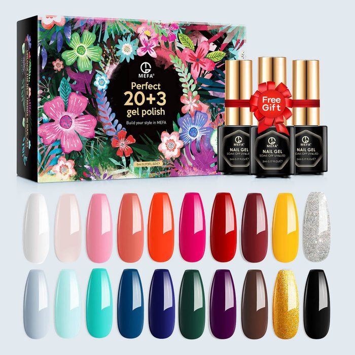A colorful nail polish set displays various shades, alongside a floral-patterned box and three bottles of gel polish marked as a 