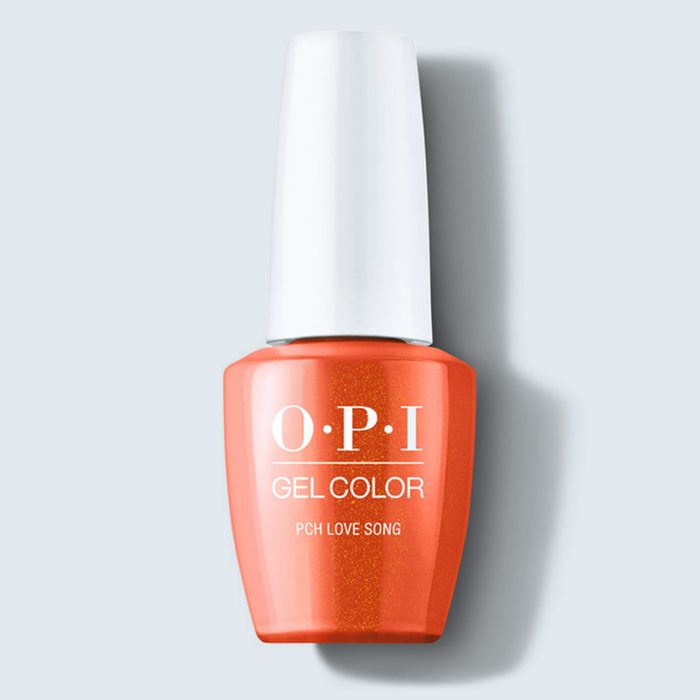 Orange nail polish bottle stands upright, labeled â€œOPI Gel Colorâ€ with shade â€œPCH Love Song,â€ set against a plain light gray background.
