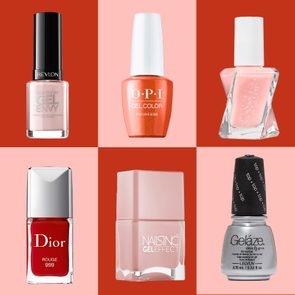 Six nail polish bottles are displayed against alternating red and pink backgrounds, showcasing brands like Revlon, OPI, Essie, Dior, Nails Inc, and GelÃ¡ze.