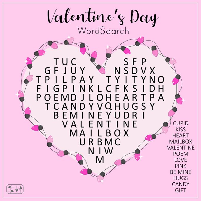 Valentine's Day Word Search Puzzle With Heart.