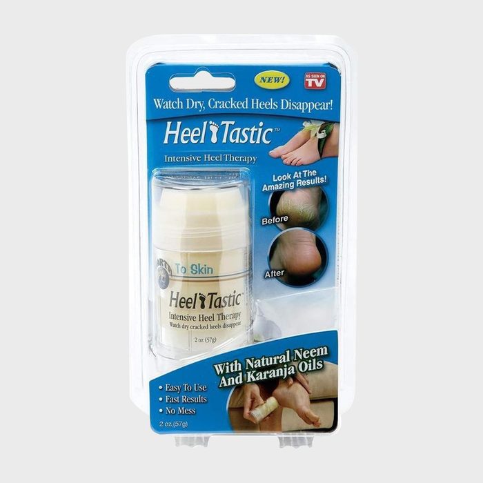 Container holds HeelTastic heel therapy stick, promising fast results, no mess. Blue packaging shows before-and-after images, claims natural neem and karanja oils.