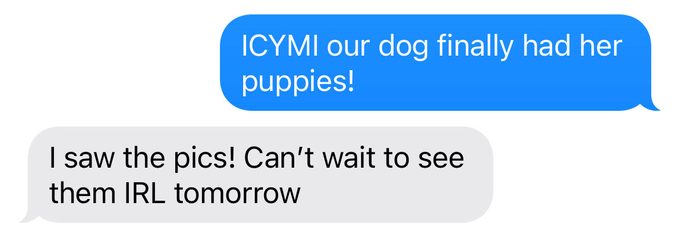 text message exchange using ICYMI and IRL abbreviations